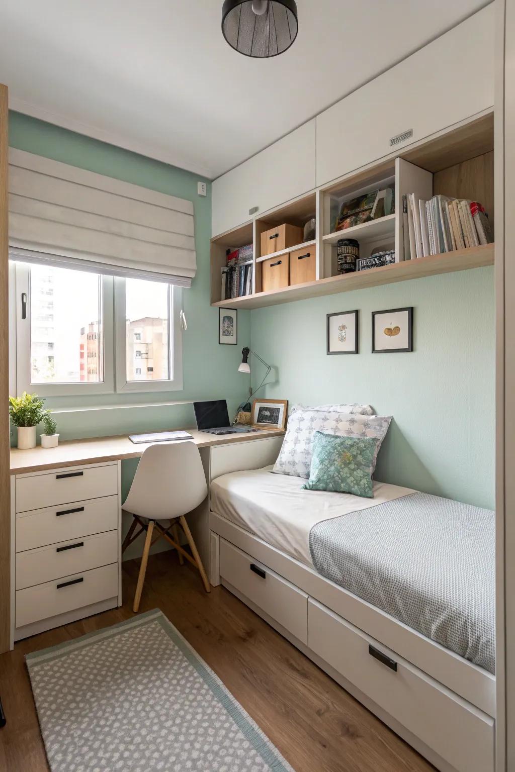 A small bedroom featuring sleek furniture for a spacious feel.