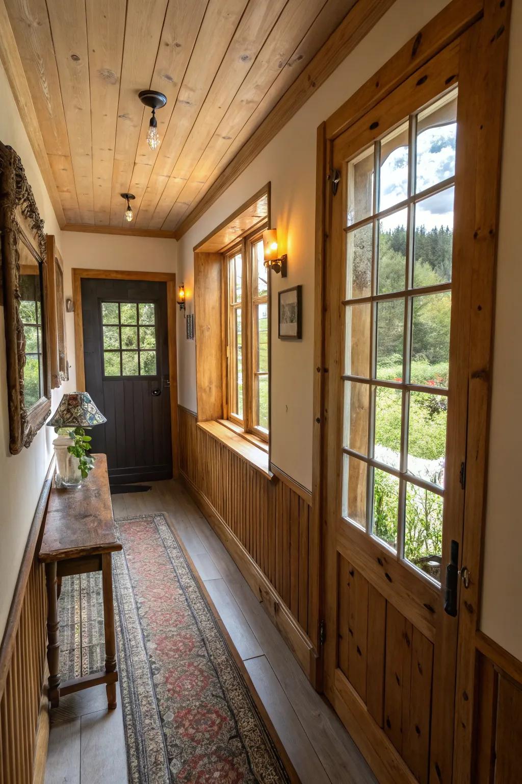 Mirrors create the illusion of space in this cottage passageway.