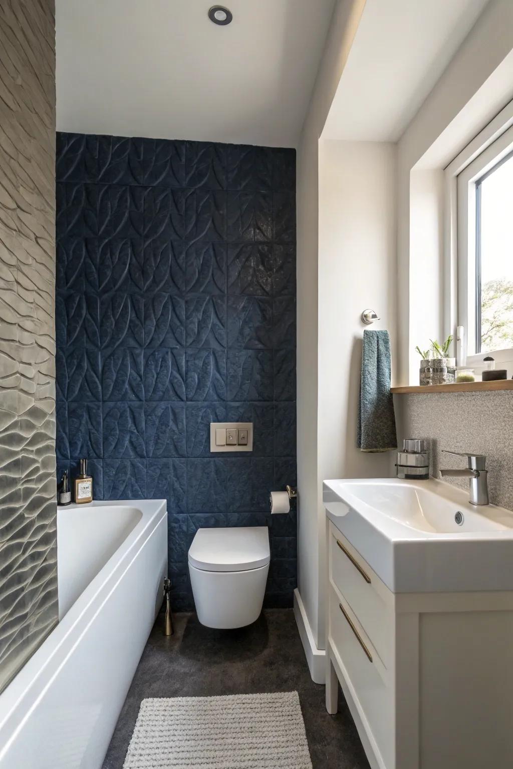 A textured blue accent surface creates a striking feature in this small bathroom.
