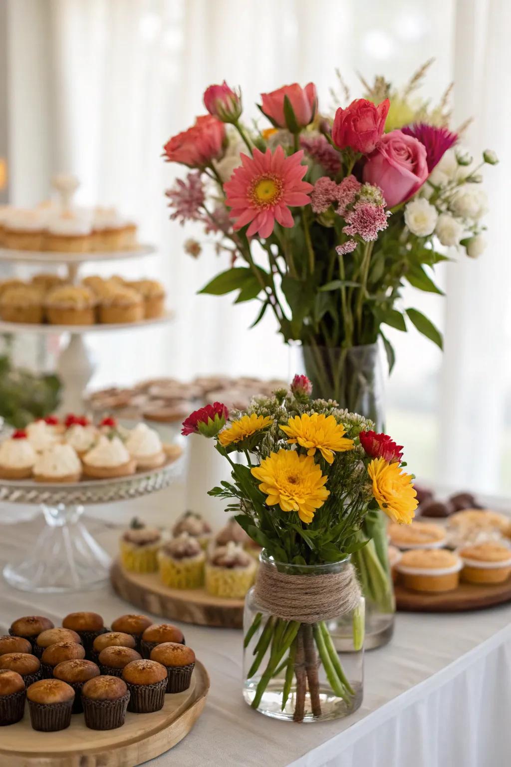 Refined floral decorations that elegantly enhance a sweets area.