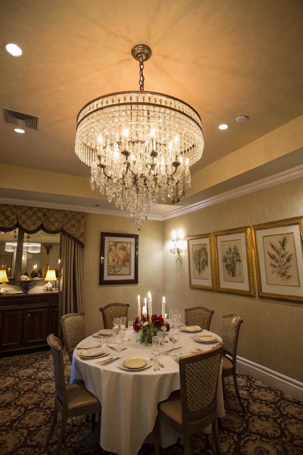 Tiered chandeliers offer elegance and texture to compact dining rooms.