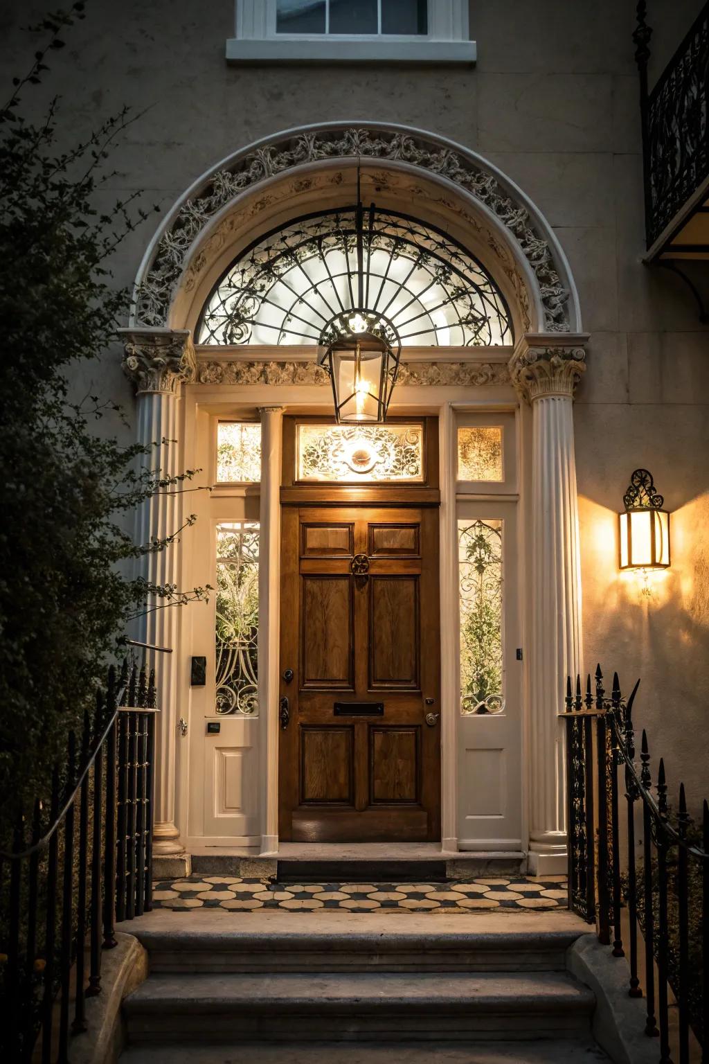 A transom window adds light and elegance to the entrance.