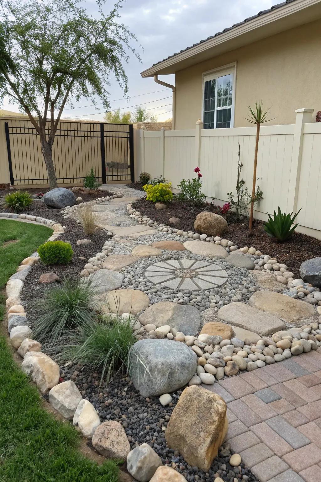 Decorative stones create low-maintenance points of interest.