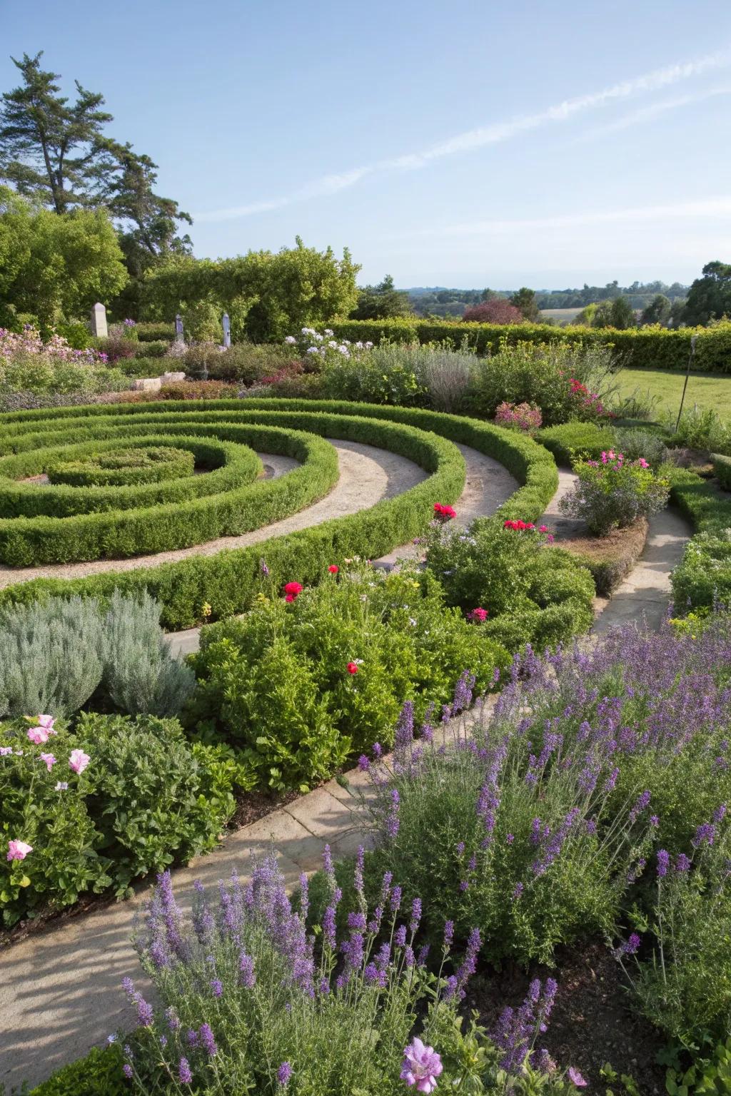 A spiraled herb maze blending beauty and utility.