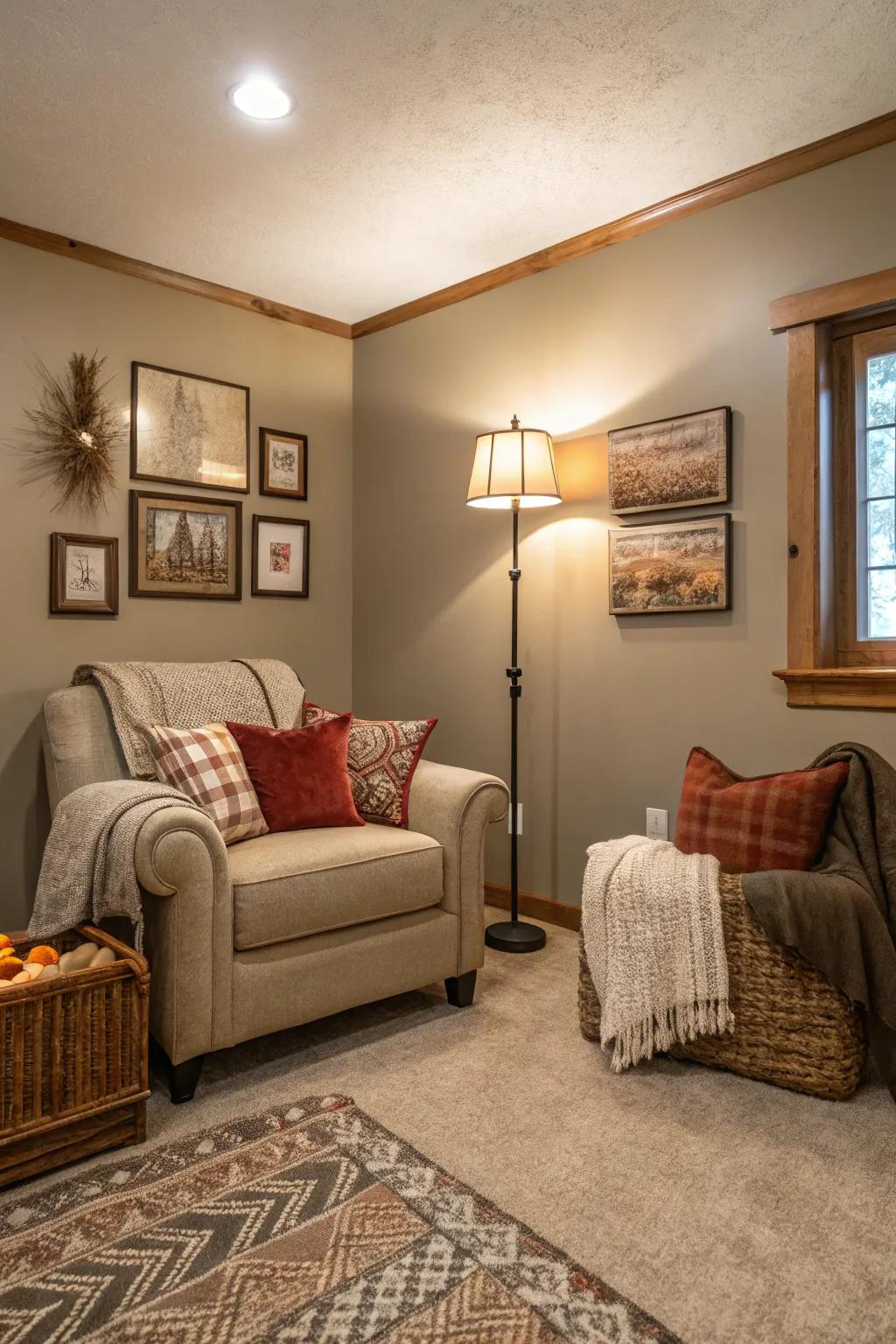 A small living room using taupe walls for a comfortable sensation.