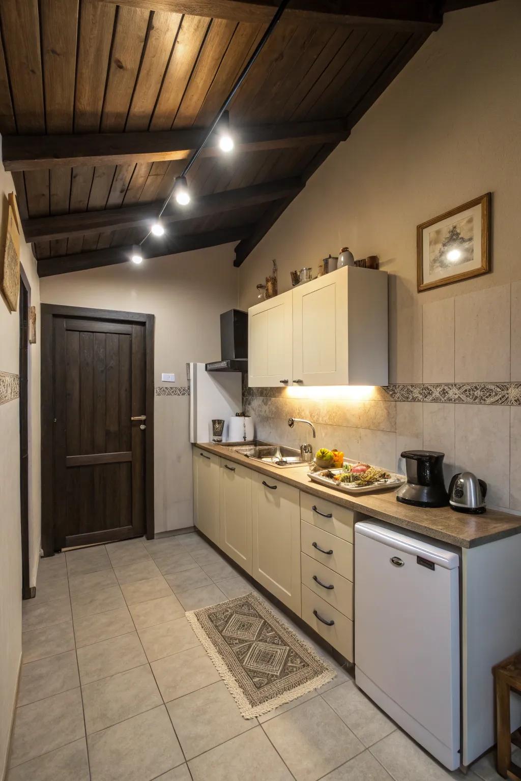 Shadowy ceilings establish a dramatic, intimate atmosphere in small kitchens.
