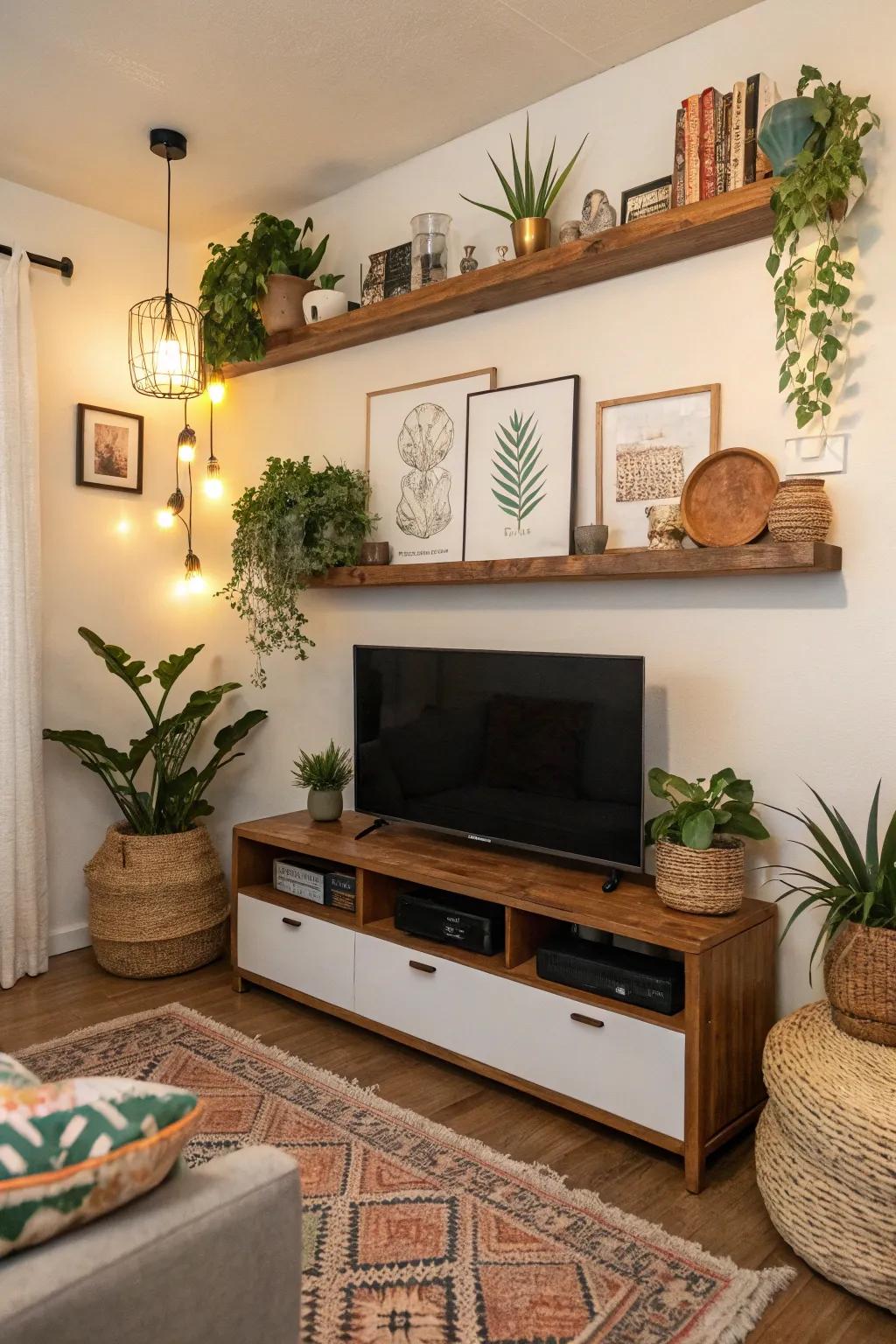 Storage and decor are added without cluttering the room with floating shelves.