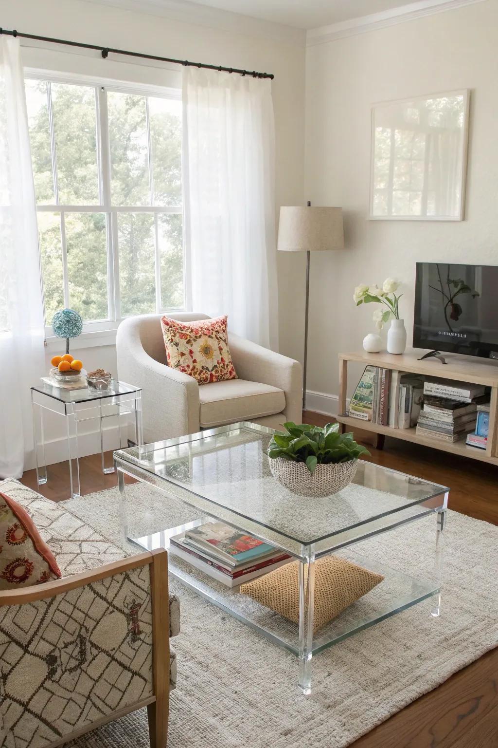 Transparent furniture provides functionality without unnecessary bulk.