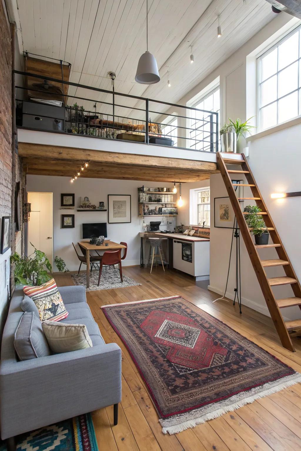 Floor coverings can help define and separate spaces in a small loft.