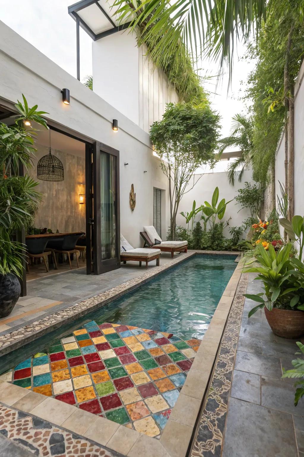 Colorful mosaics transforming a pool into art.