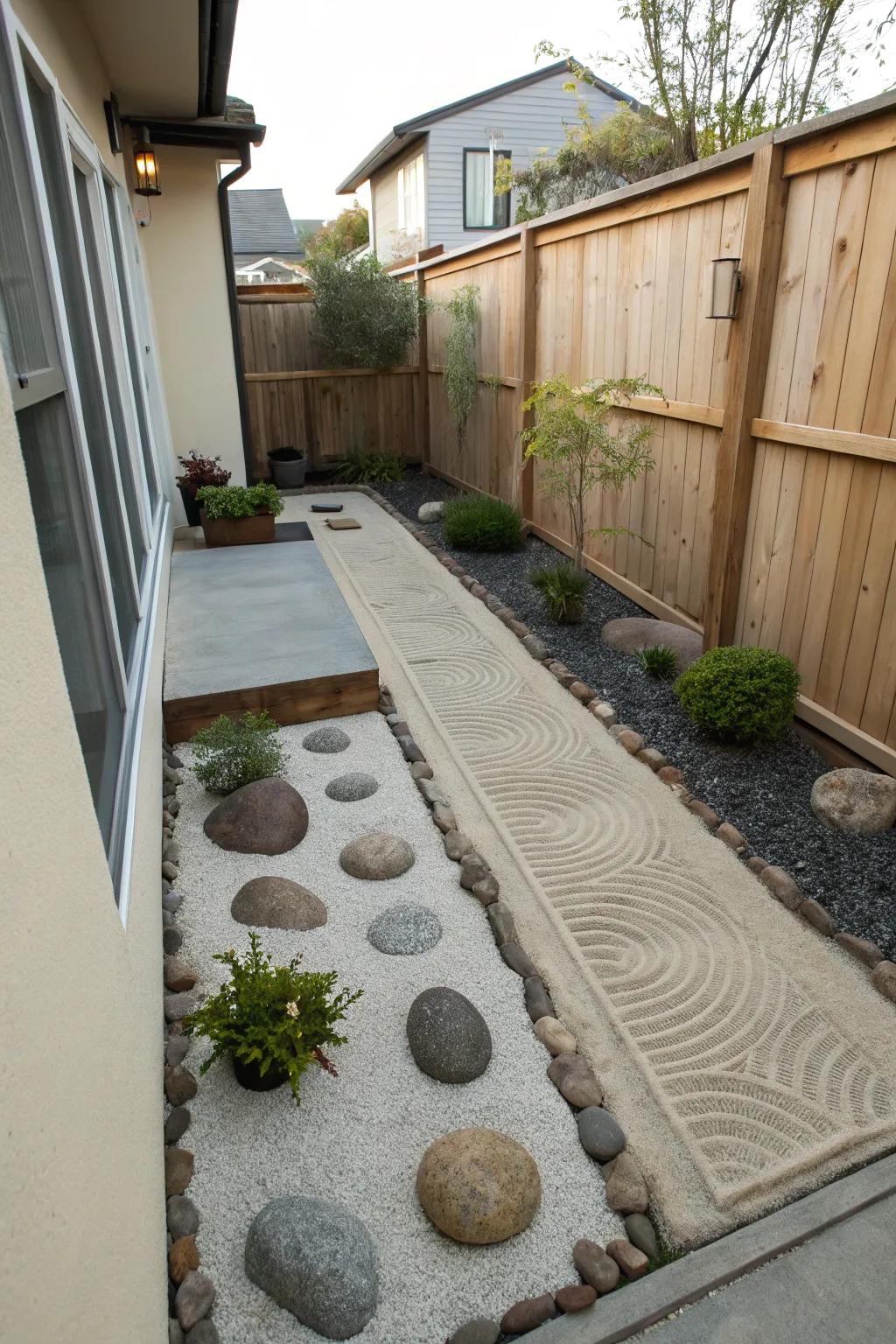 Zen garden features introduce tranquility to narrow side yards.