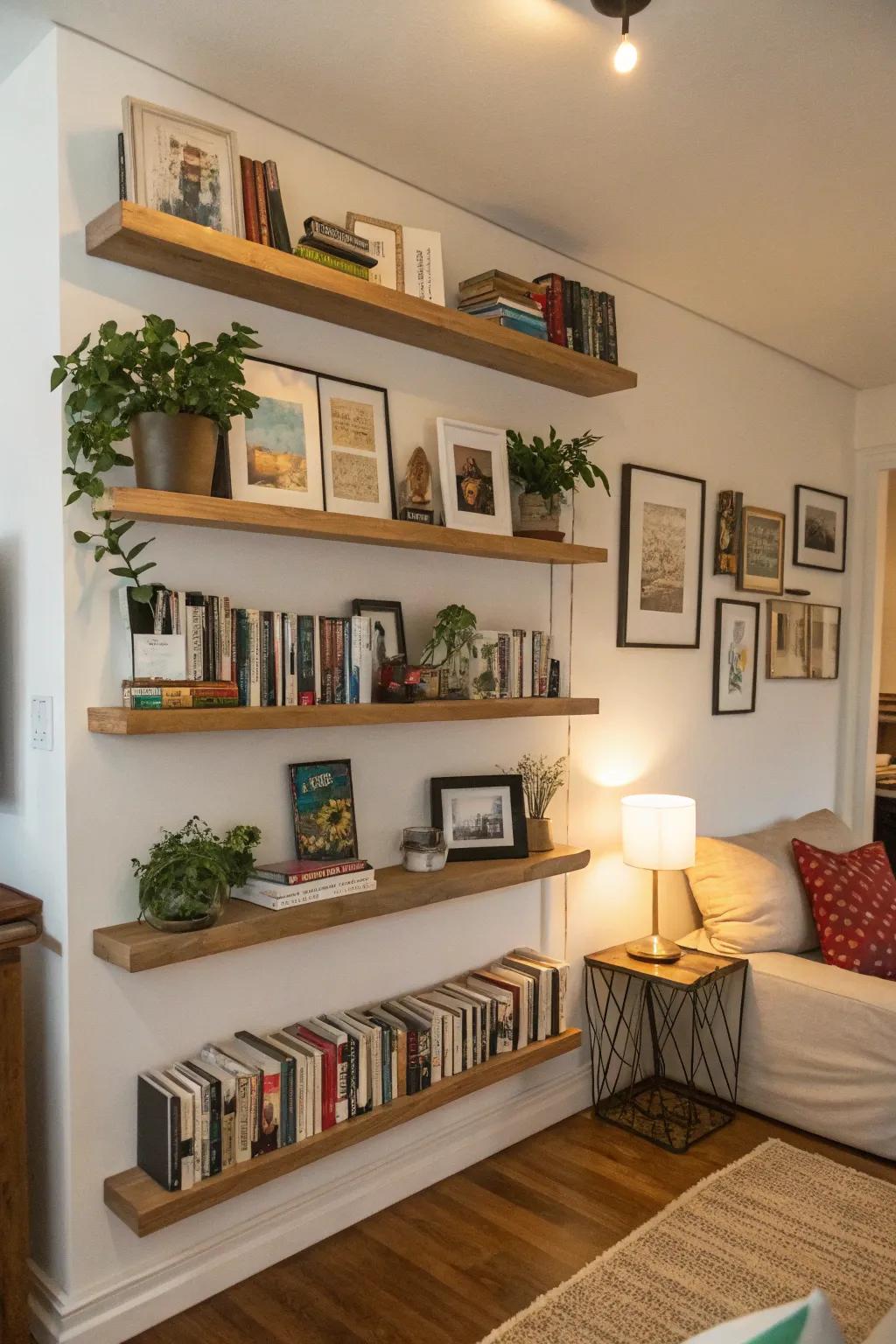 Floating shelves offer storage and keep the floor clear.