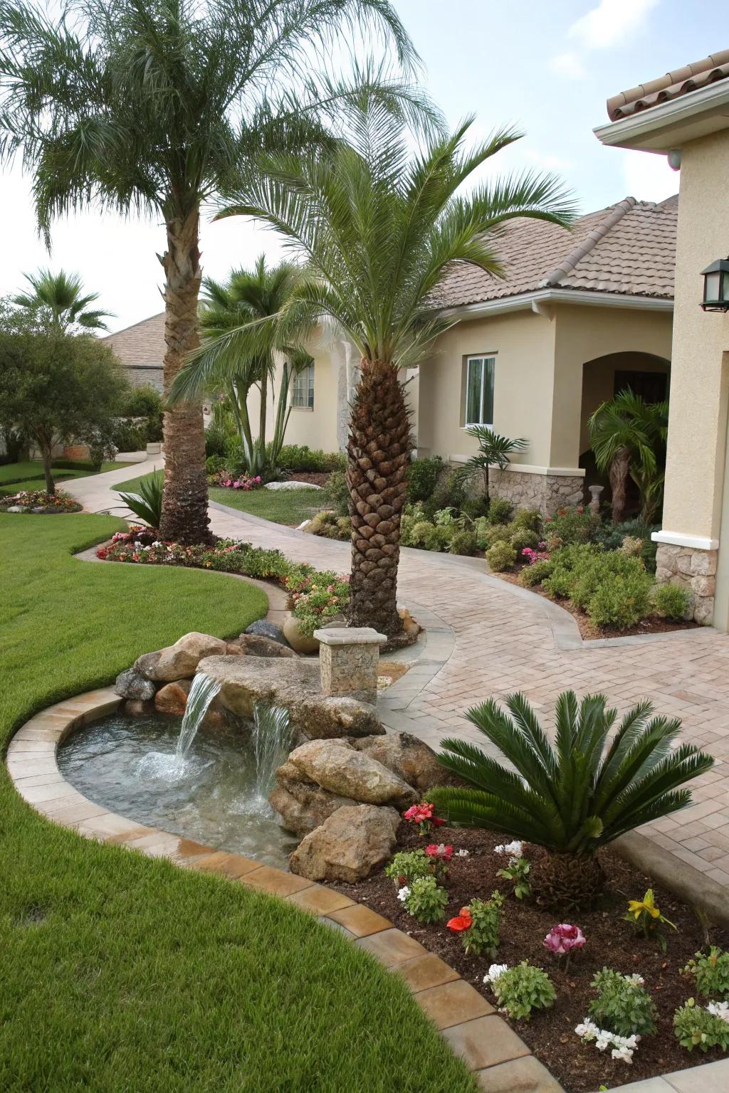 A water feature among palms creates a peaceful oasis in your garden.