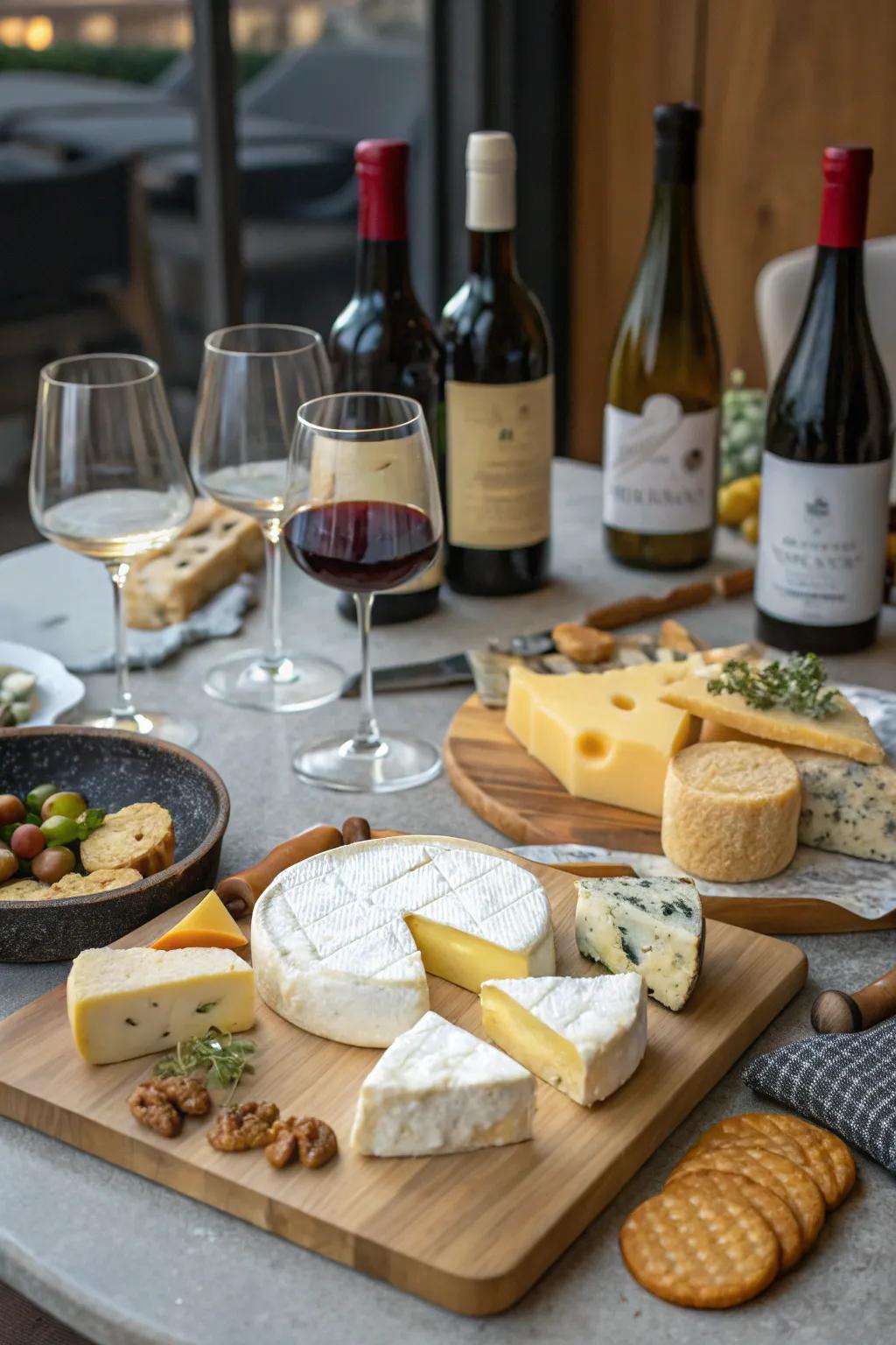 A wine and cheese sampling arrangement featuring assorted cheeses and wines.