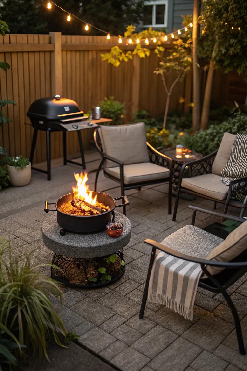 Fire pit tables bring warmth and atmosphere.