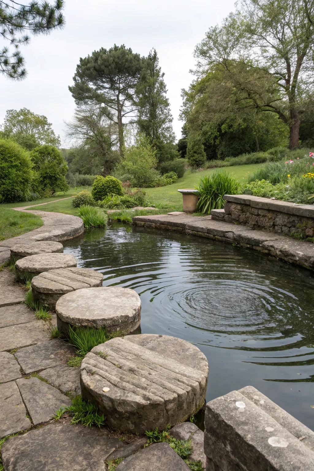 Integrated seating encourages relaxation by a tranquil pond.