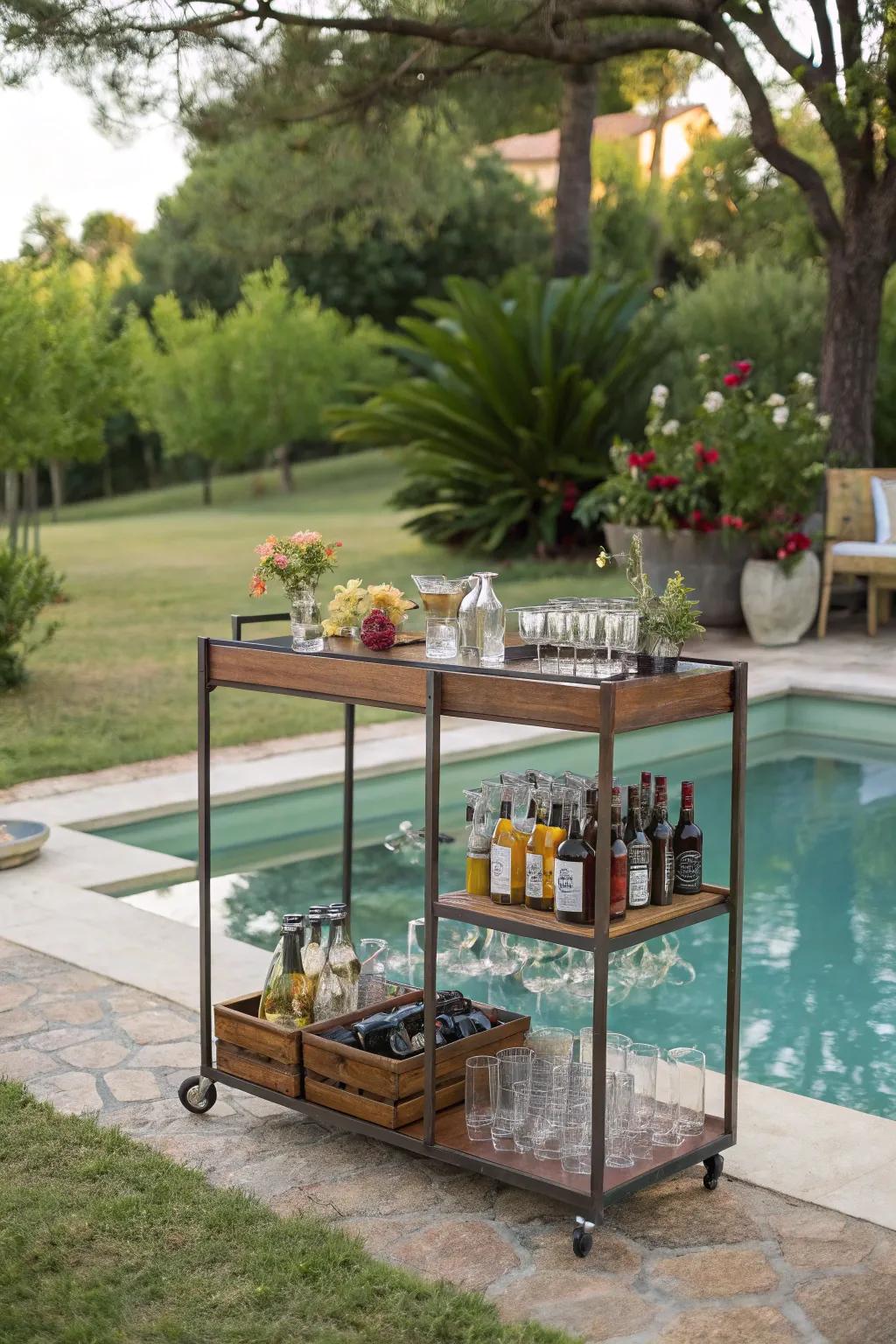 A moveable bar gives flexibility and ease for poolside parties.