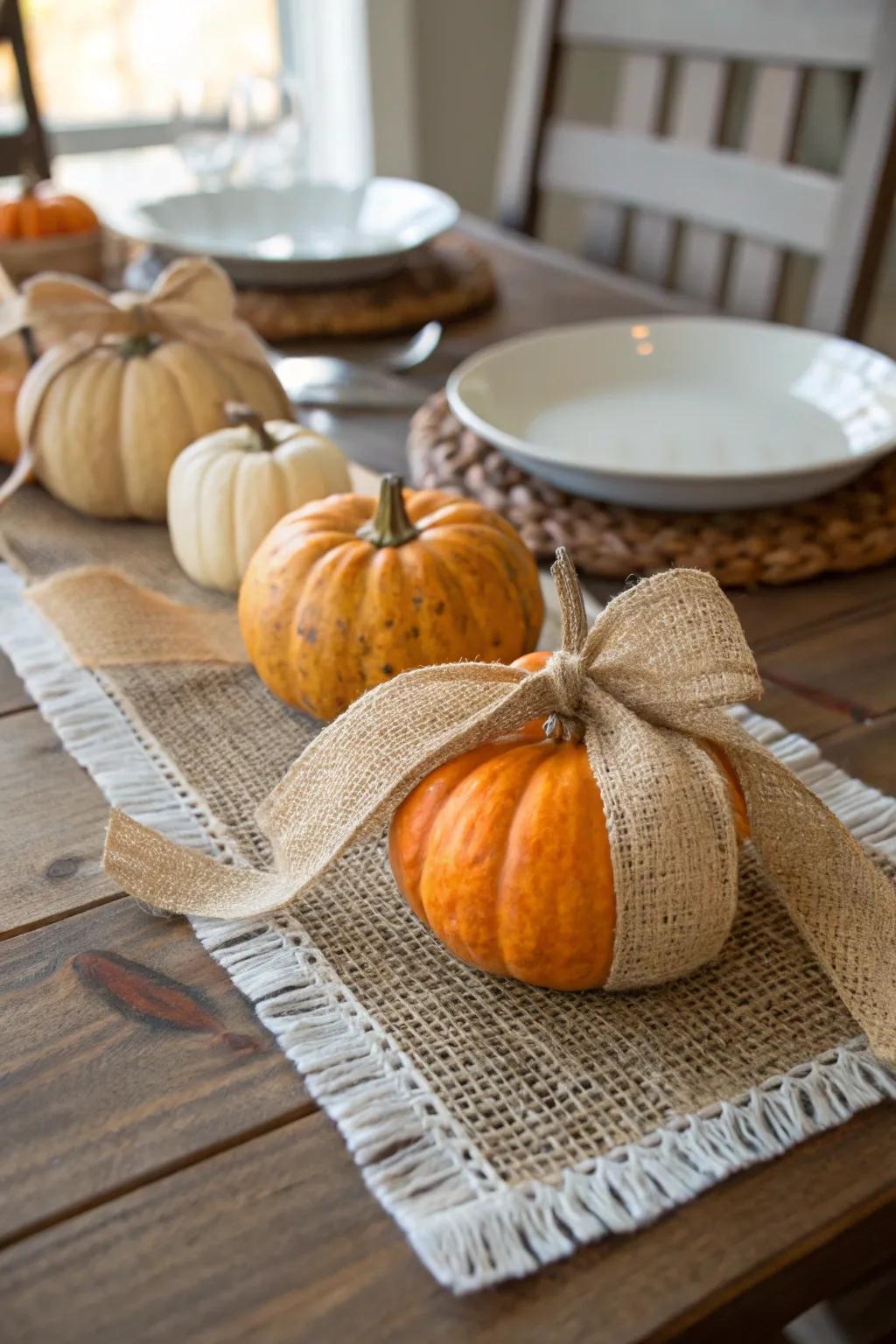 Hessian bands impart an organic, pastoral air to pumpkins.