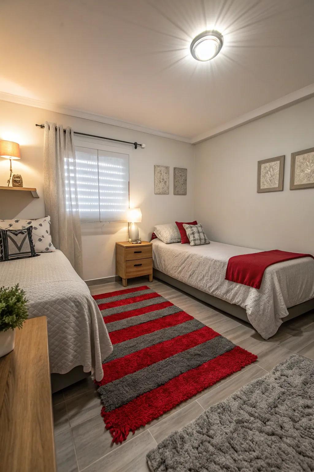 An intimate bedroom with a crimson or ash-grey accent rug adding warmth and delineating space.
