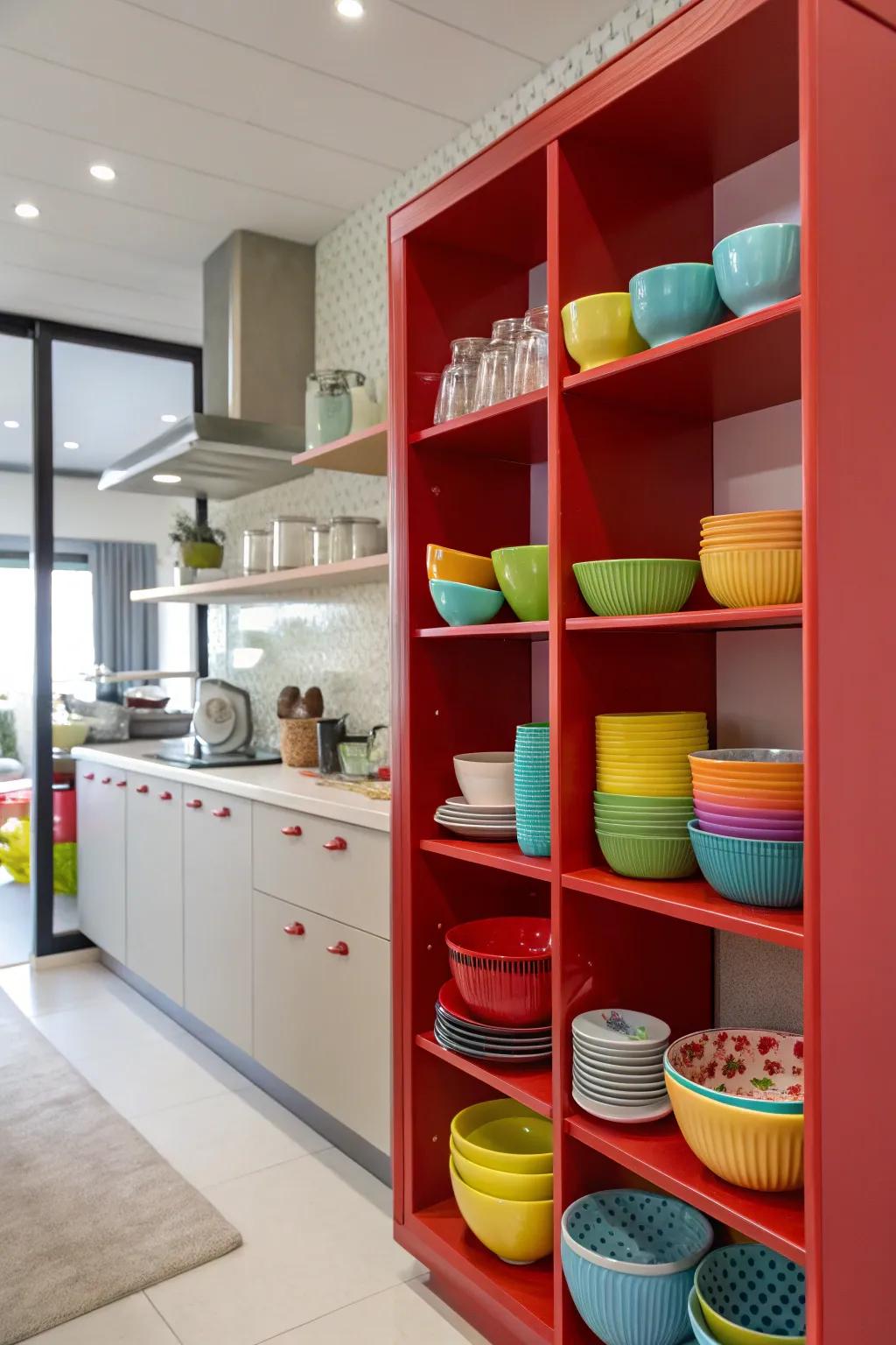 Red display shelves add both color and functionality.