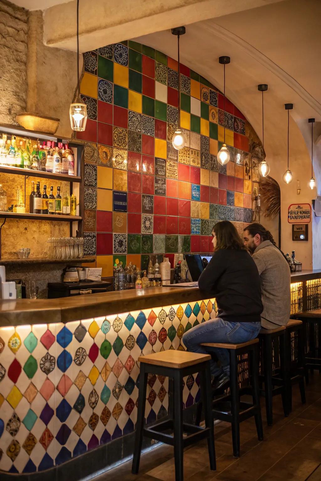 A vibrant backsplash appends liveliness and panache to a small restaurant bar.