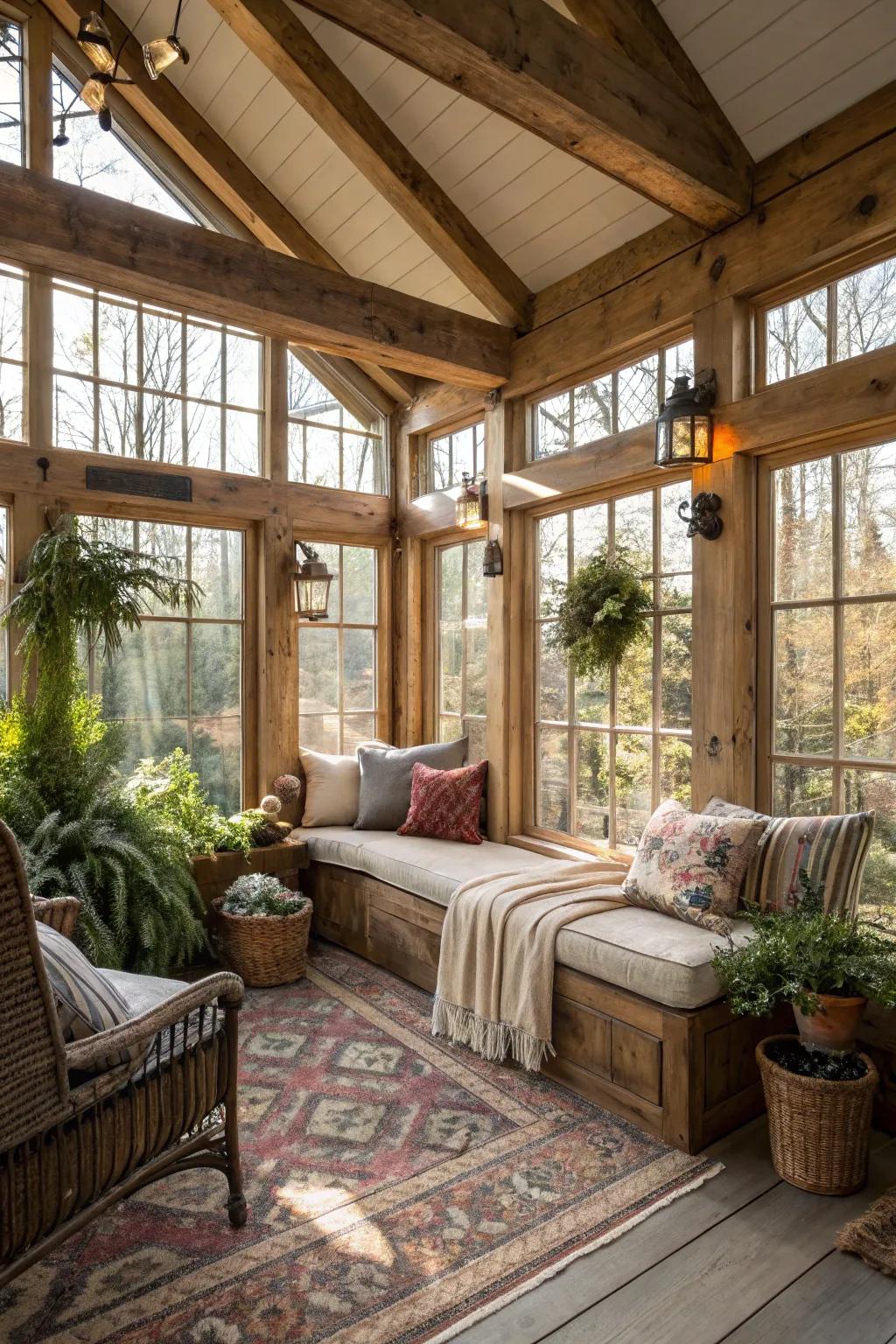 A cozy sitting spot offers a perfect location for relaxation in this country-style sunroom.