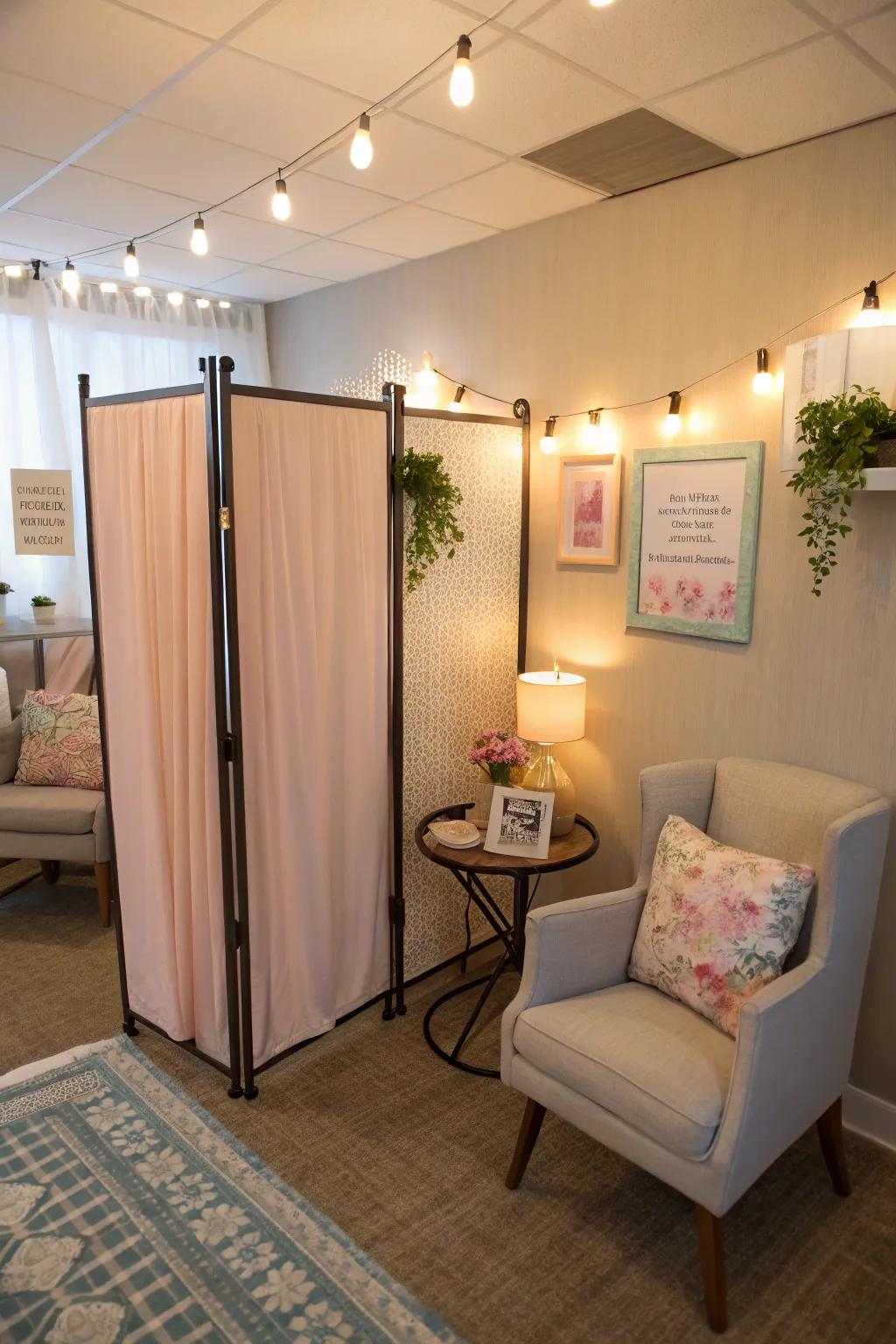 Portable privacy dividers for adaptable salon designs.