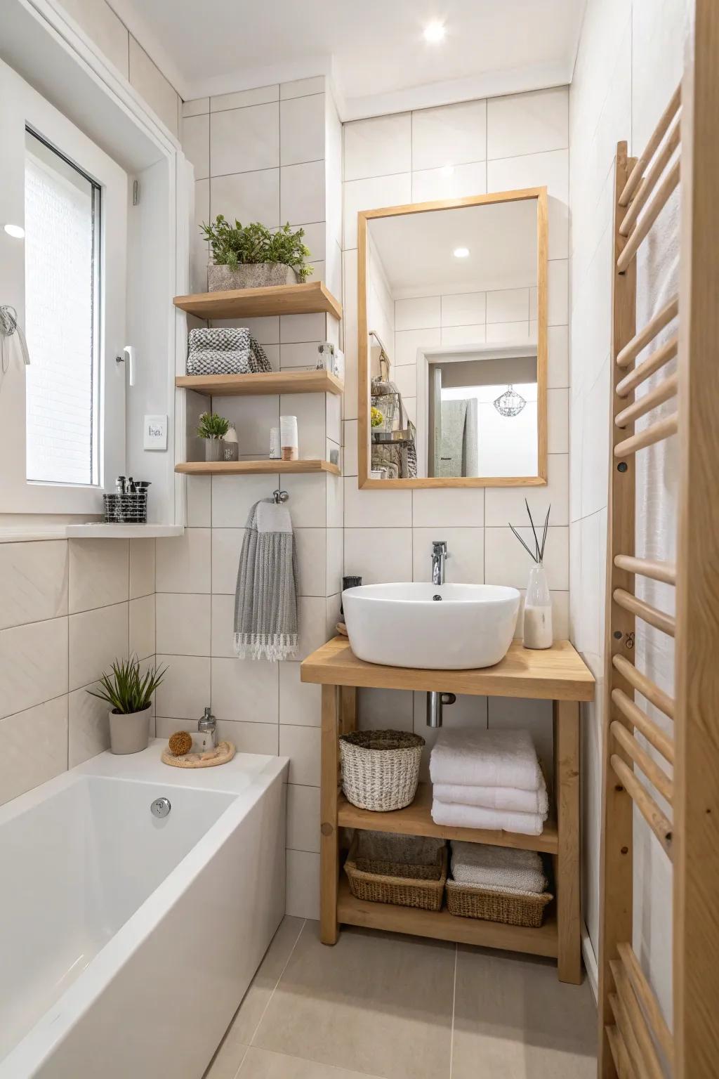 Wall-mounted features conserve space and promote a clean aesthetic.