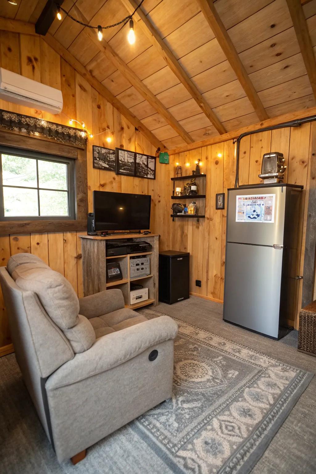 A comfortable man cave getaway inside a small shed.