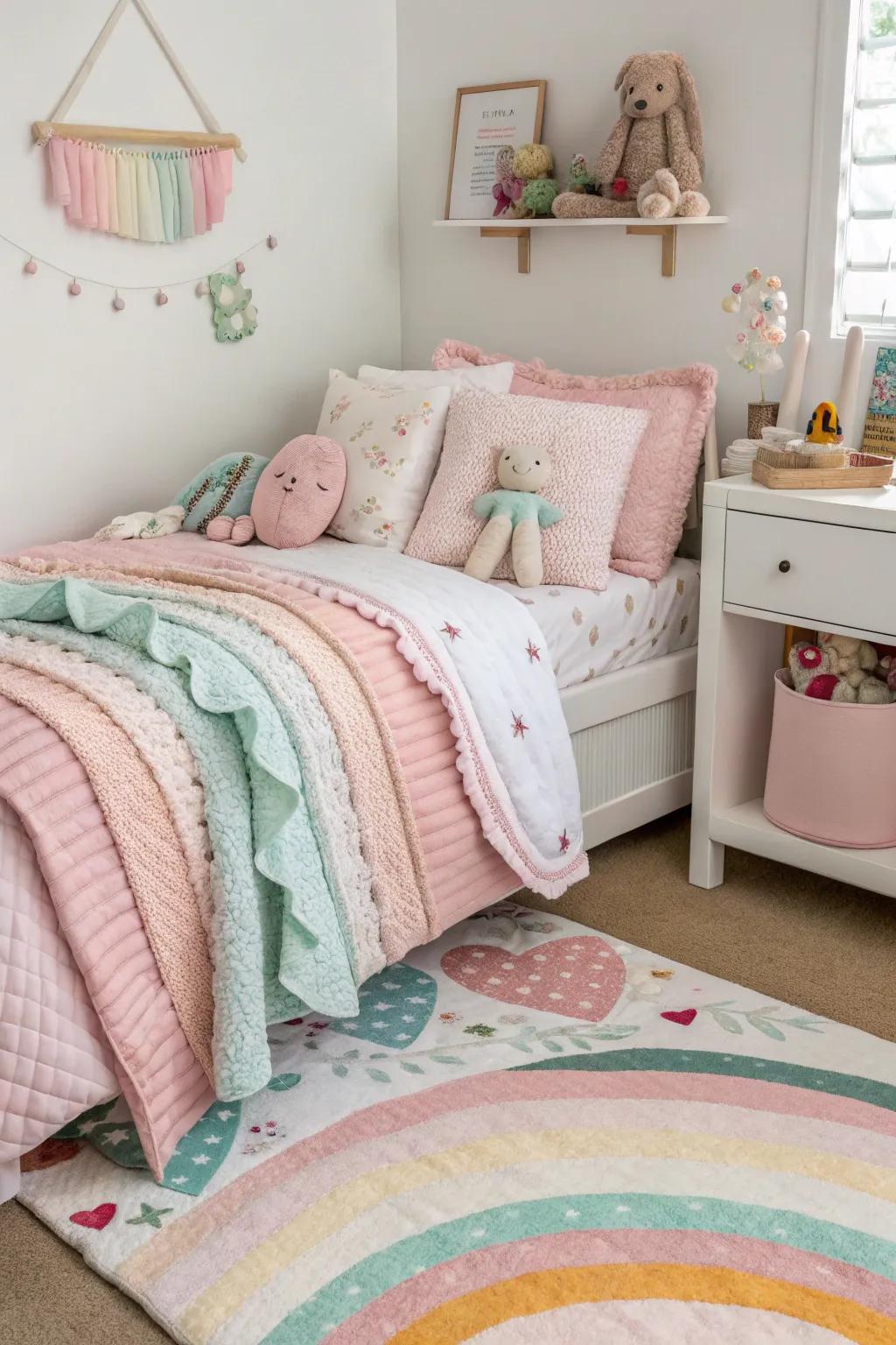 Layered bedding creates a comfortable personal retreat.