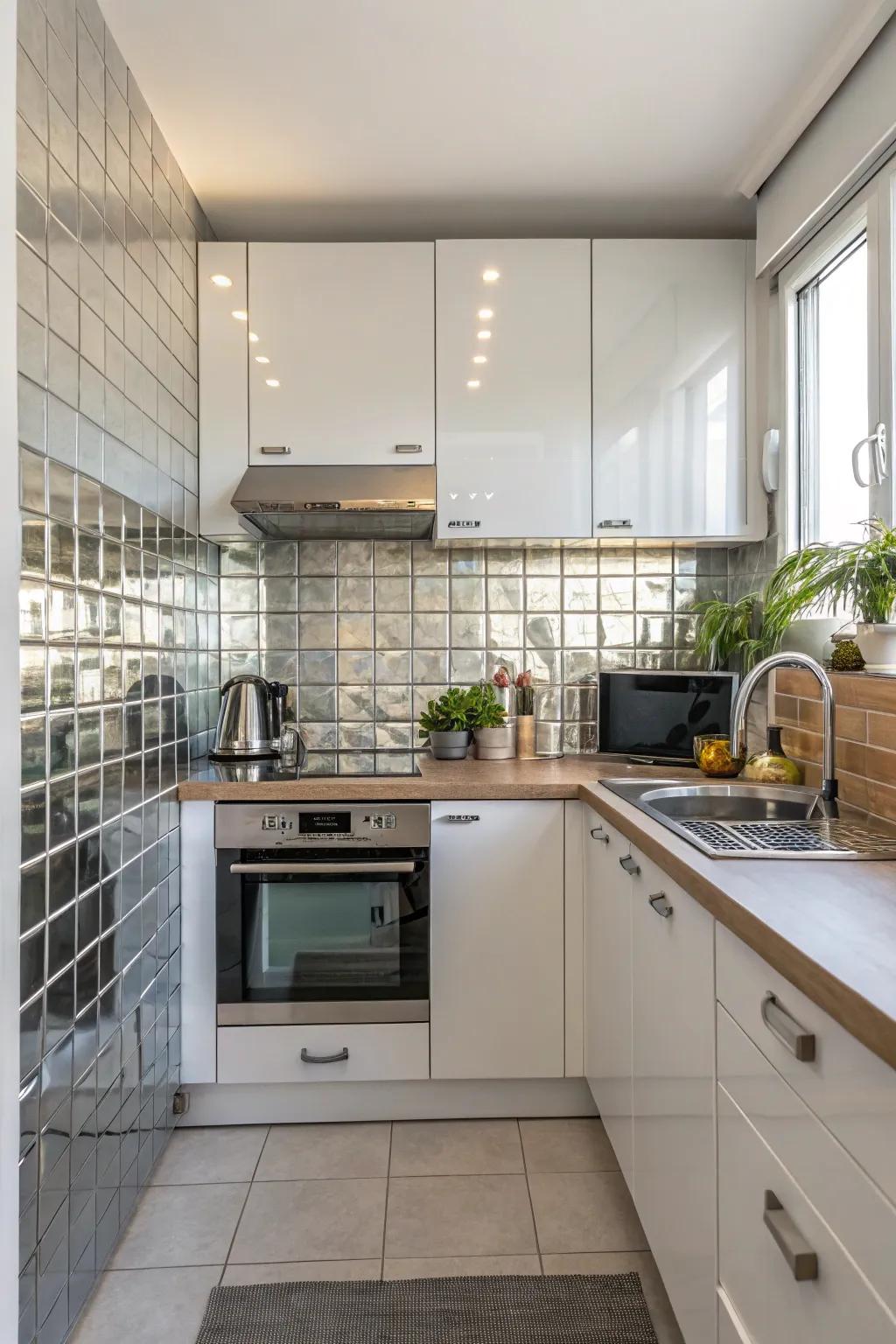 Reflective tiles make a compact cooking area feel more expansive.