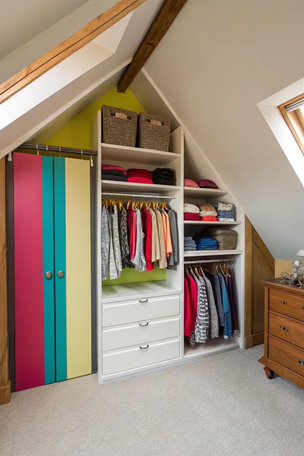 Bold colors transform an attic closet.