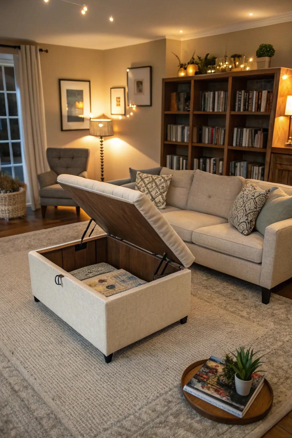 An ottoman in a living room offers hidden storage space.