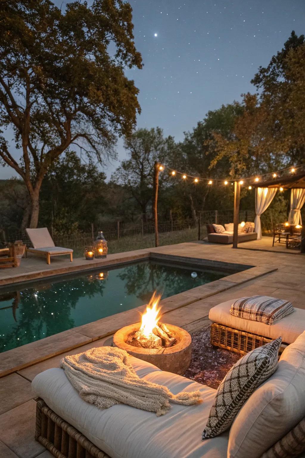 A poolside fire zone makes a comfortable year-round spot.
