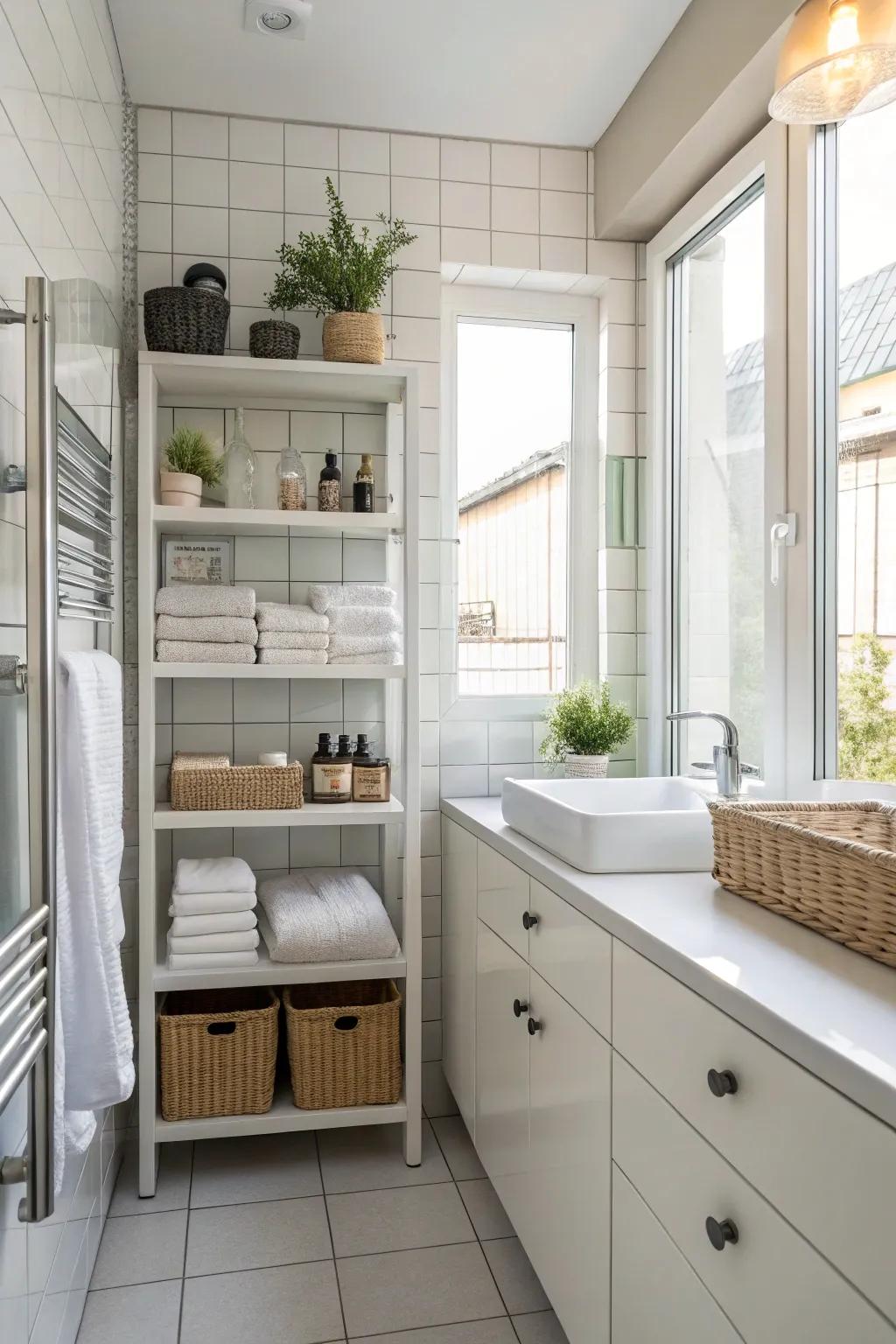 Elevated shelving provides handy storage solutions.