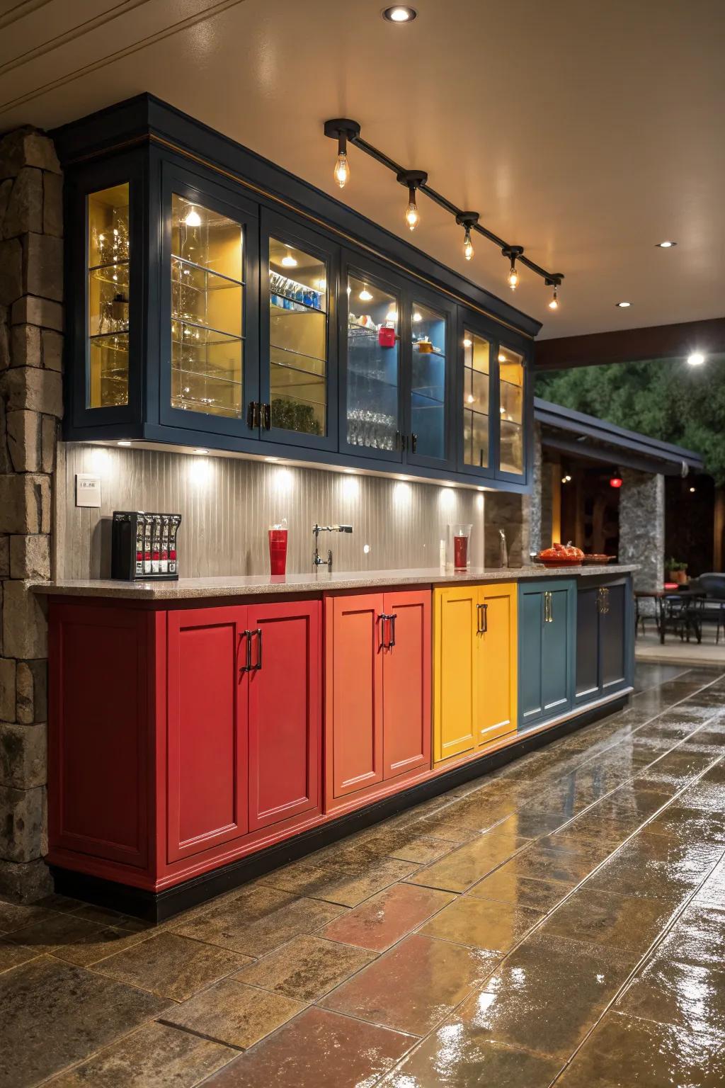 Striking colored cabinetry adds vibrancy to a compact wet bar.