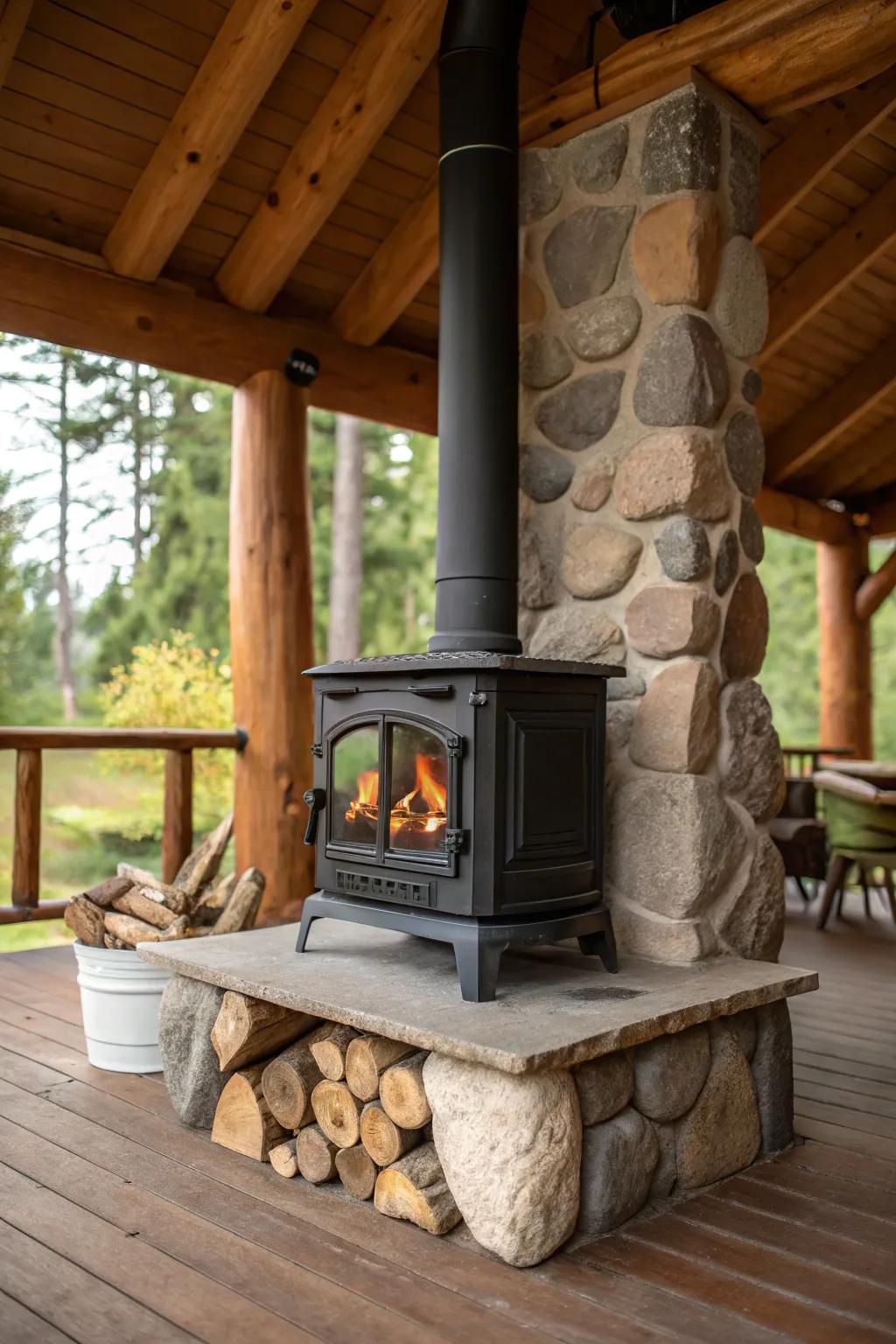 Natural stone elements bring an outdoor touch to an indoor wood heater setting.