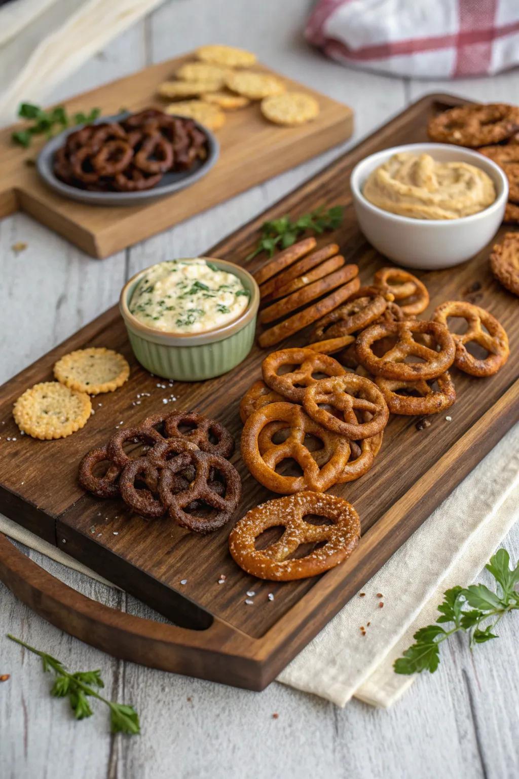 A tasty pretzel showcase is prepared to satiate a spectrum of tastes.