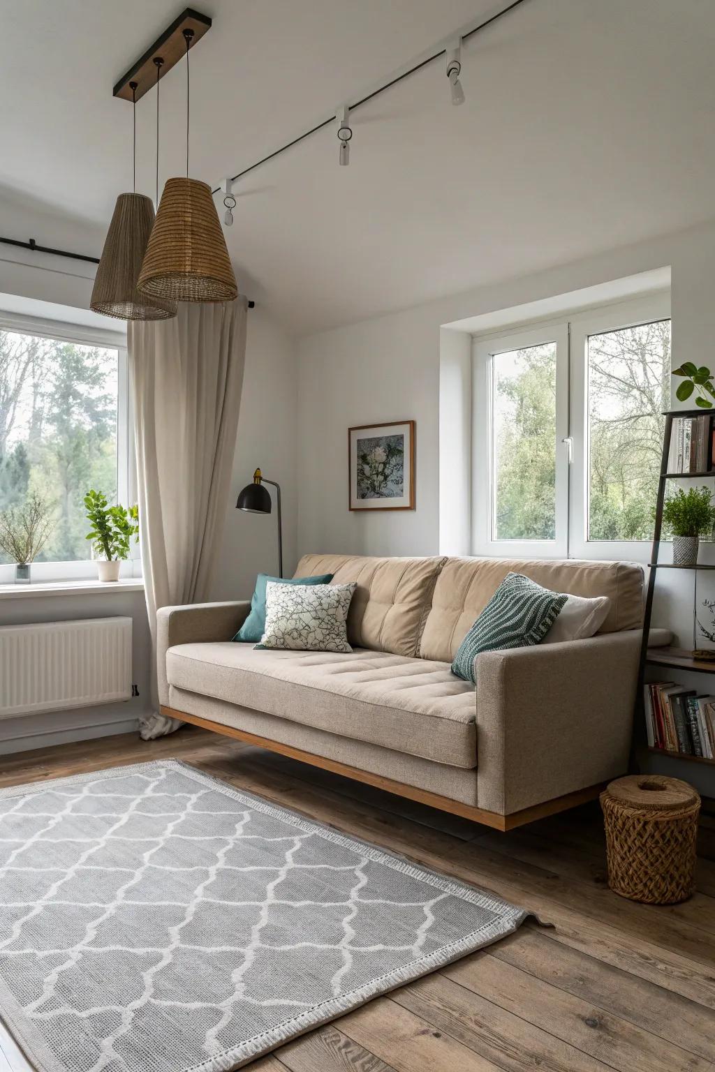 A floating sofa with exposed legs gives the impression of more space.