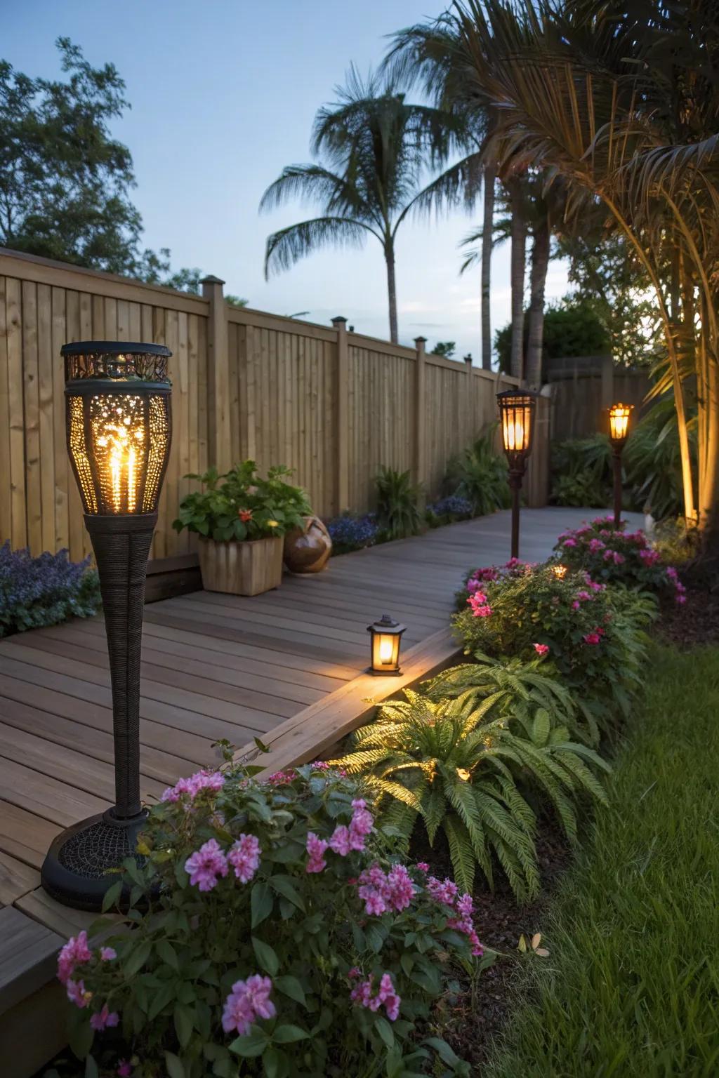 Solar torch lights add a tropical flair to your deck.