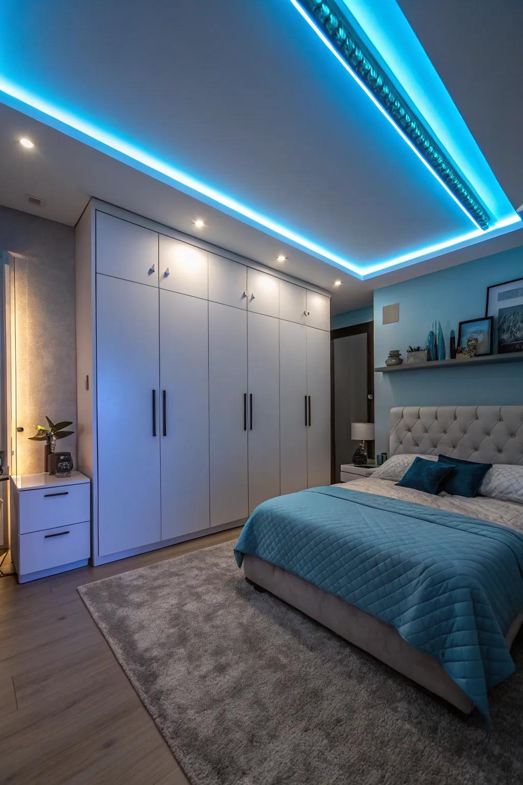 LED strip lighting augments the futuristic sensation of a space-themed area.