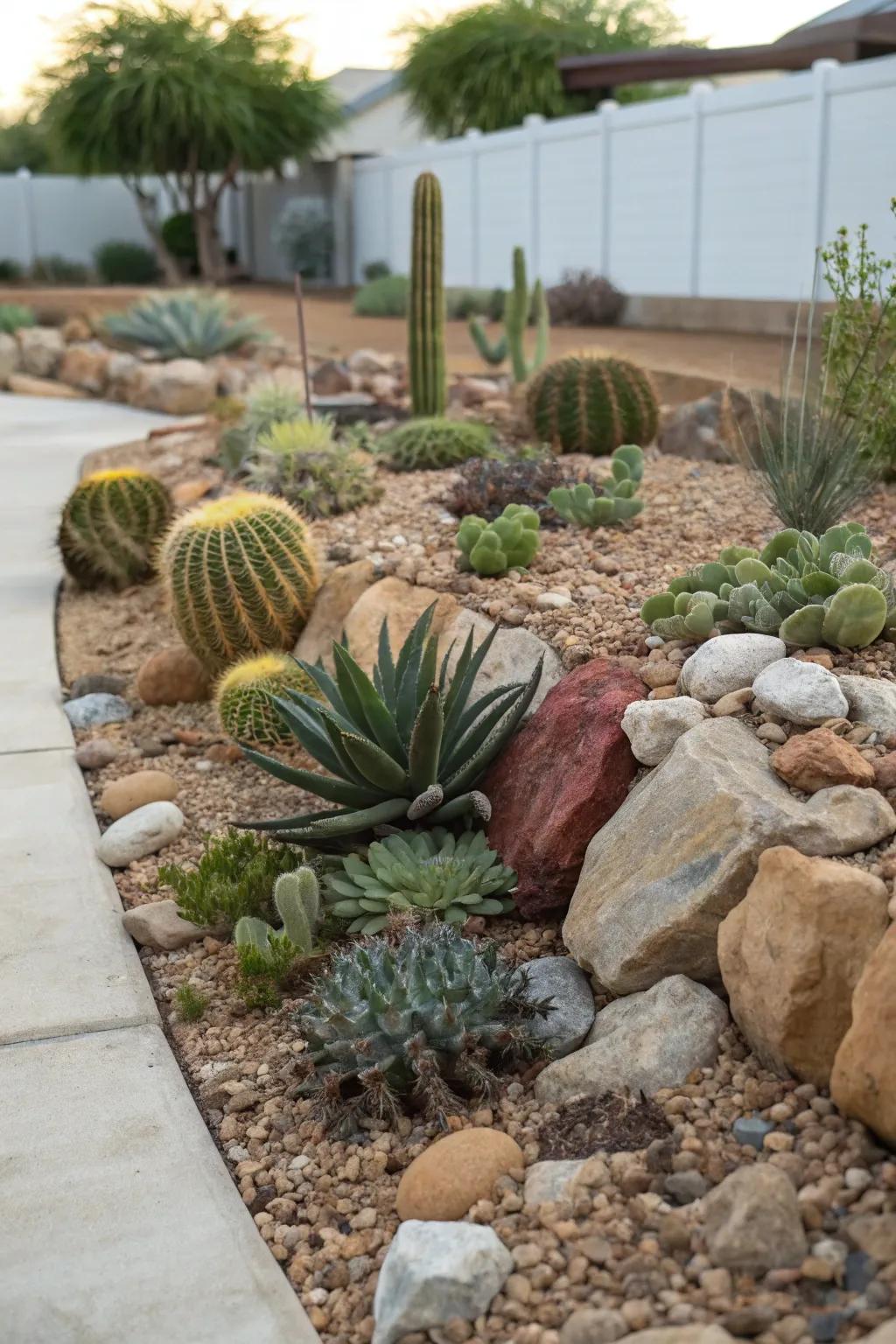 A xeriscaped garden that highlights ornamental rocks and drought-tolerant plants.