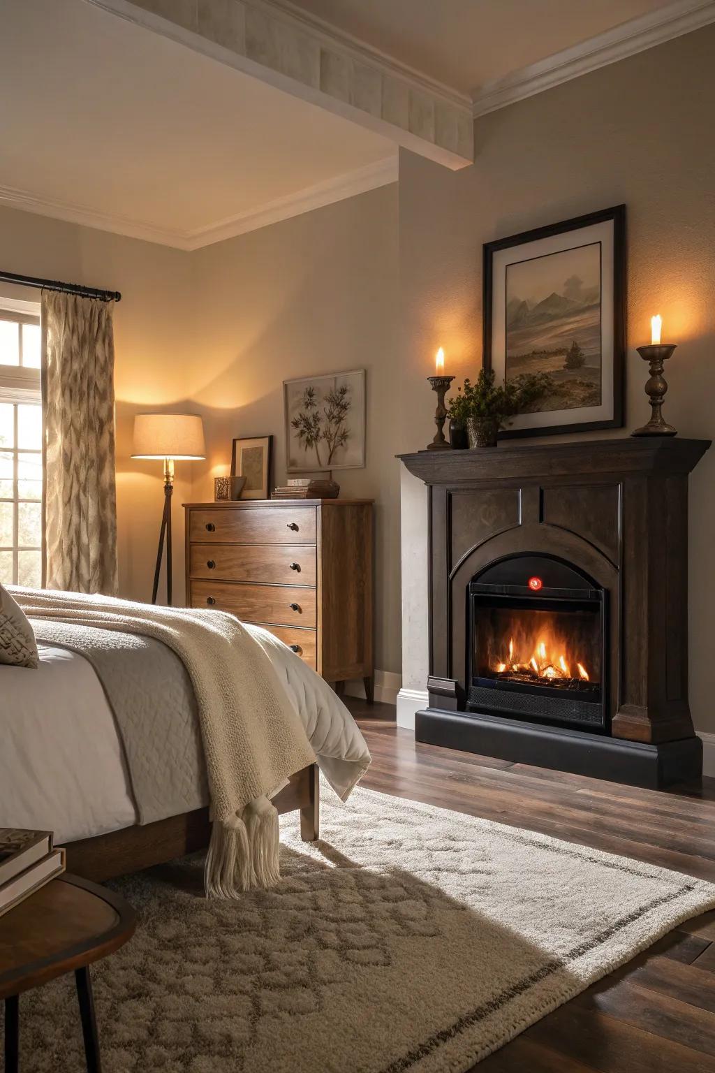 An electric fireplace introduces cozy warmth to your bedroom.