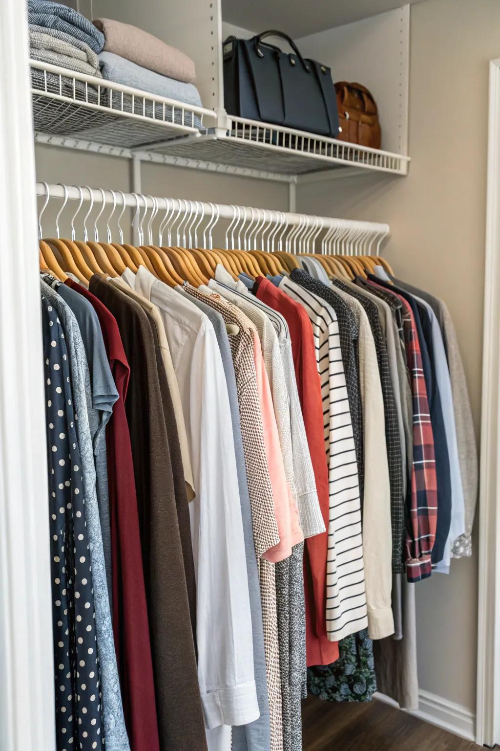Tiered hangers maximize vertical storage by efficiently stacking garments.