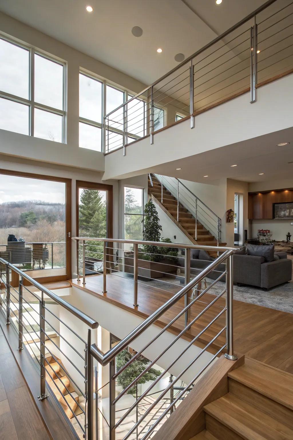 Modern chromed steel railings appending elegance to a split-level abode.