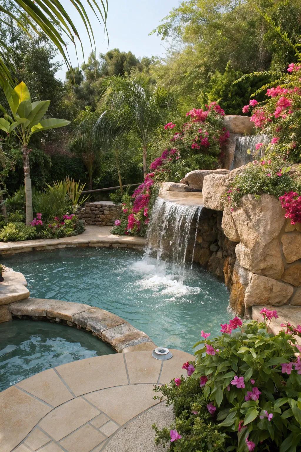 Cultivate a serene atmosphere with a waterfall petite pool.