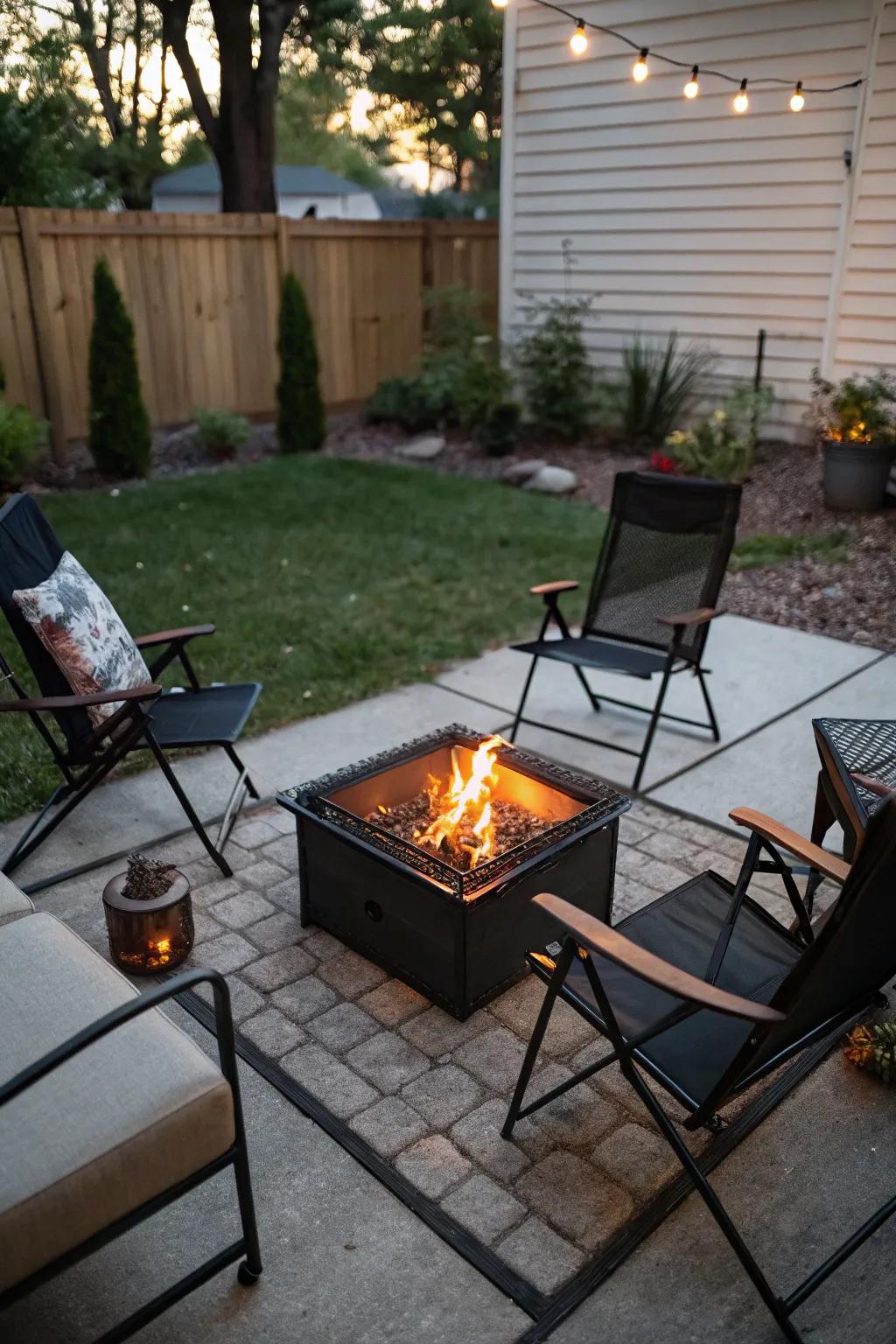 A portable fire pit provides flexibility for any patio.