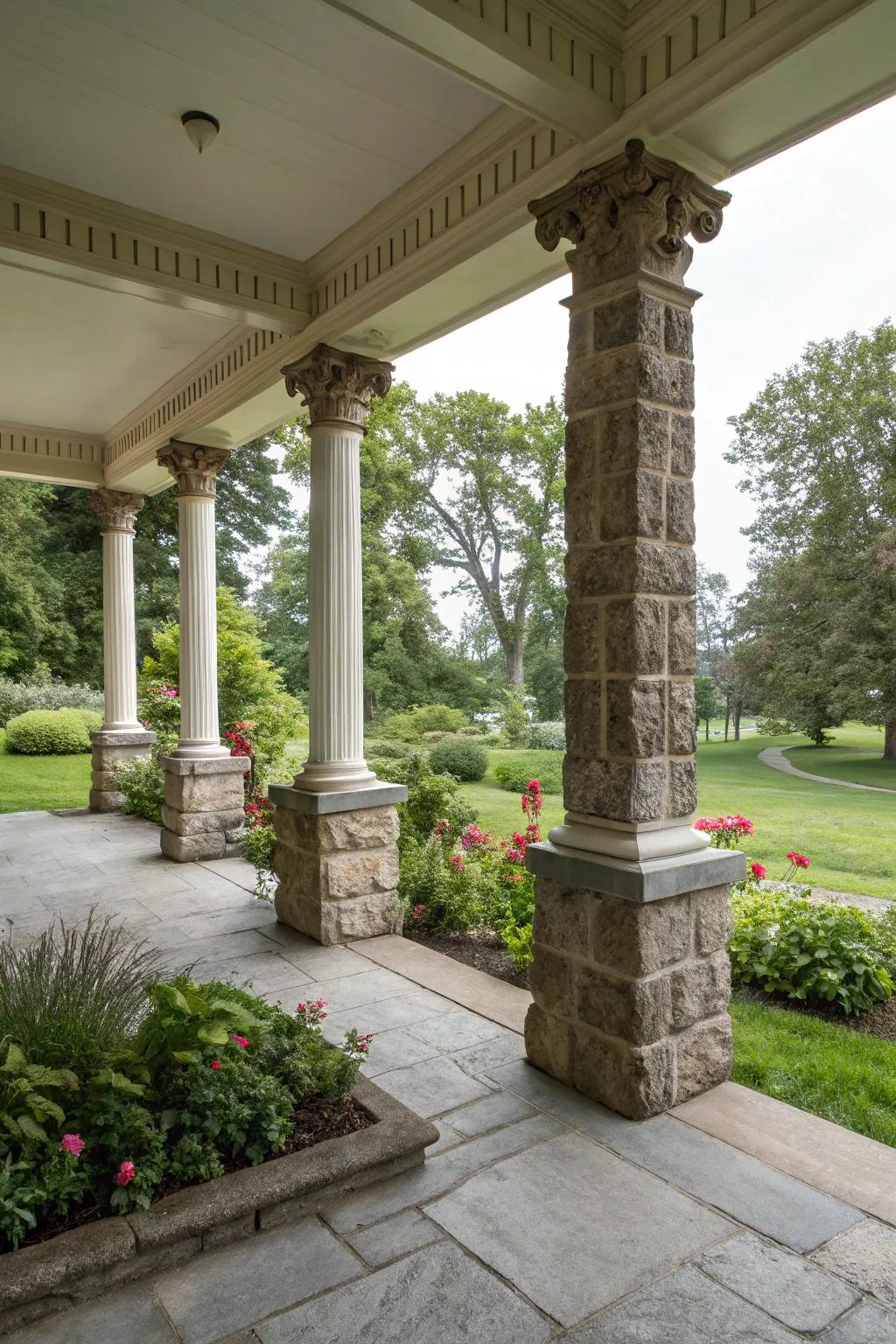 Stone-encased bases lend rugged elegance to upright posts.