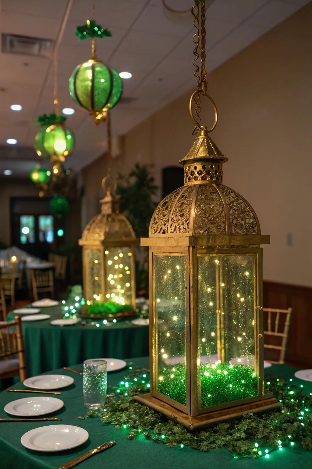 Gilded lanterns using fairy lights form an enchanting atmosphere.