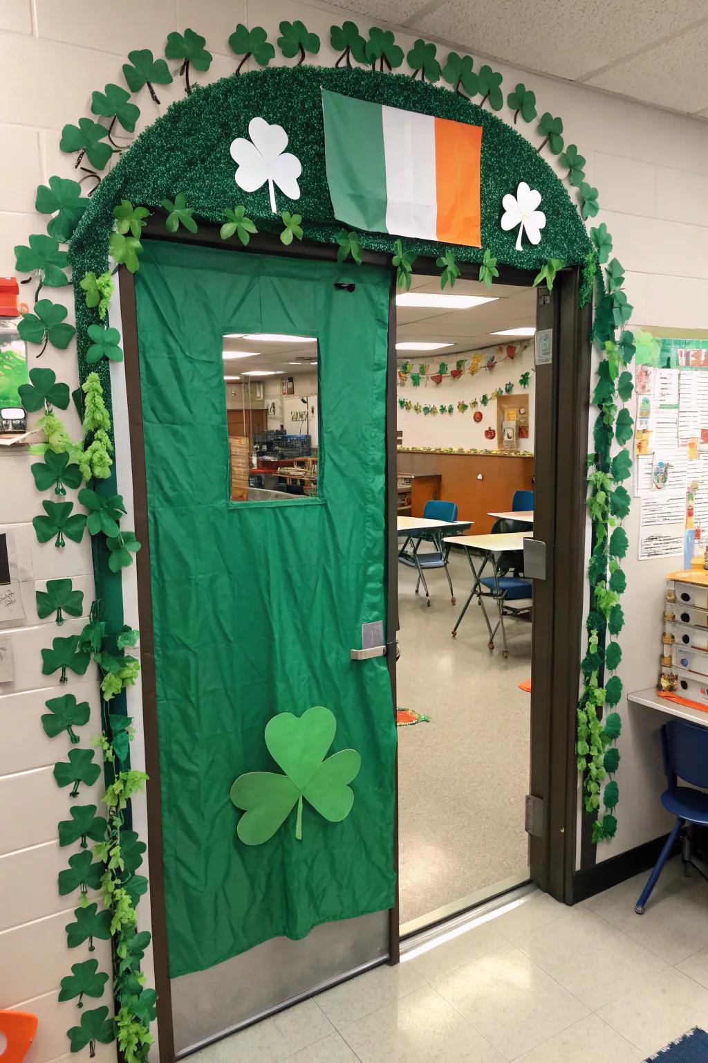 A classroom door transformed into a gateway to the Emerald Isle with rich green scenery.
